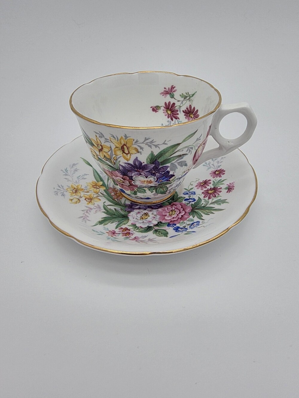 Vintage Royal Stafford "Floralia" Teacup and Saucer Set With Gold RIm
